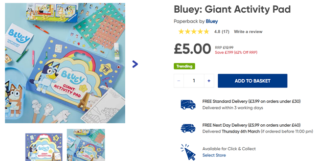Screenshot showing Bluey Giant Activity Pad for £5 at The Works