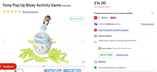 Screenshot showing Tomy Pop Up Bluey Activity Game for £14 at Argos