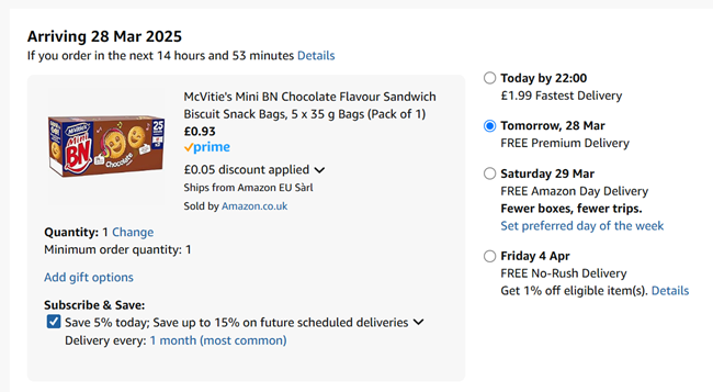 Screenshot showing McVitie's BN Biscuits for 93p at Amazon
