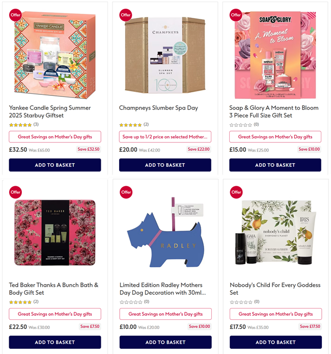 Screenshot showing reduced Mother's Day gifts at Boots