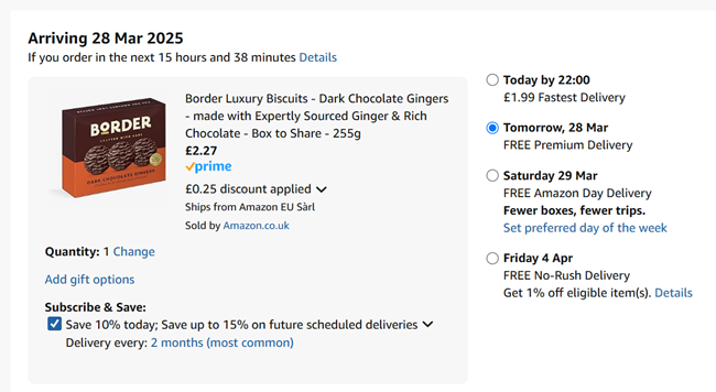 Screenshot showing Border Luxury Biscuits Dark Chocolate Gingers 255g for £2.27 at Amazon