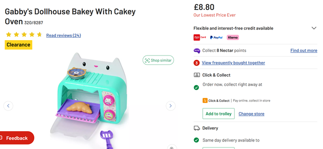 Screenshot showing Gabby's Dollhouse Bakey With Cakey Oven for £8.80 at Argos