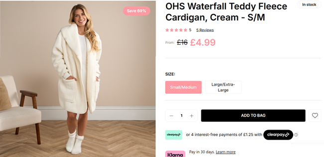 Screenshot showing OHS Waterfall Teddy Fleece Cardigan for £4.99 at Online Home Shop