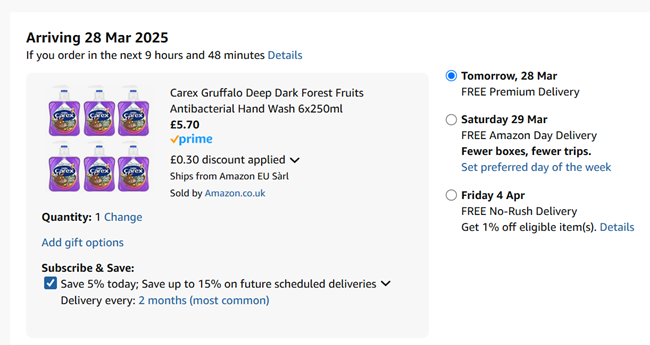 Screenshot showing Carex Gruffalo Deep Dark Forest Fruits Antibacterial Hand Wash 6 x 250ml for £5.70 at Amazon