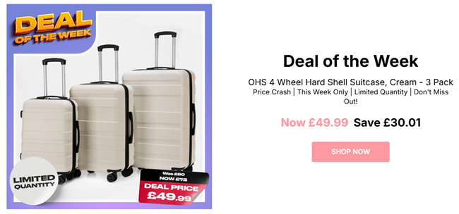 Screenshot showing 4 Wheel Hard Shell Suitcase Cream 3 Pack for £49.99 at Online Home Shop