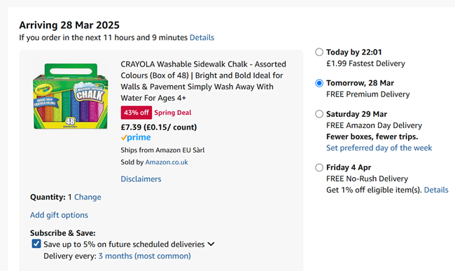 Screenshot showing Crayola Washable Sidewalk Chalk Assorted Colours Box of 48 for £7.39 at Amazon