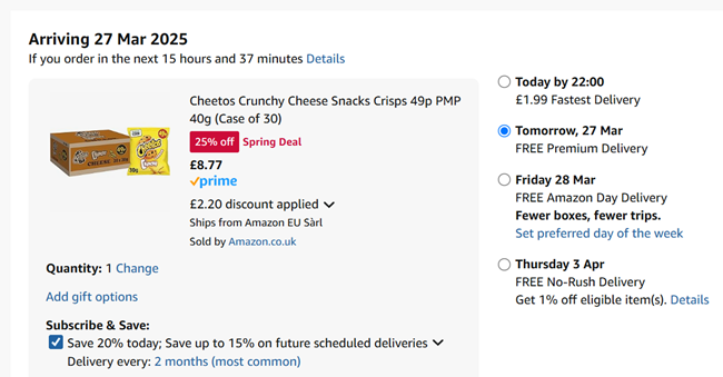 Screenshot showing Cheetos Crunchy Cheese Snacks Crisps 40g (Case of 30) for £8.77 at Amazon
