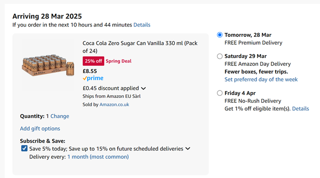 Screenshot showing Coca Cola Zero Sugar Can Vanilla 330 ml (Pack of 24) for £8.55 at Amazon