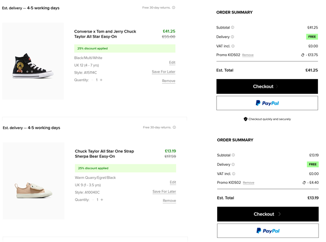 Screenshot showing 20% off Converse Kids with code at checkout online at Converse