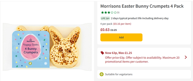 Screenshot showing Morrisons Easter Bunny Crumpets 4 Pack for 63p at Morrisons