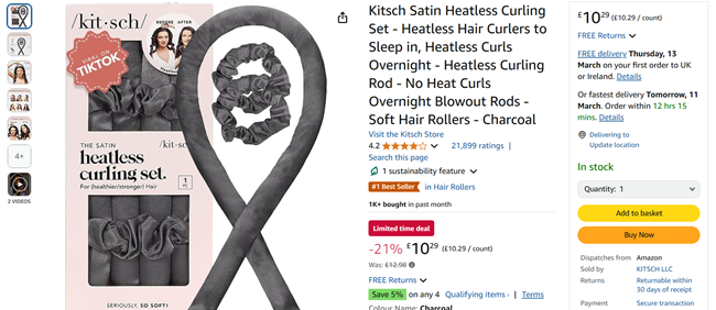 Screenshot showing Kitsch Satin Heatless Curling Set for £10.29 at Amazon seller KITSCH LLC