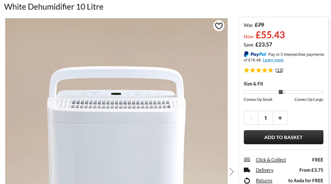 Screenshot showing White Dehumidifier 10 Litre for £55.43 at Asda George