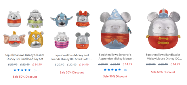 Screenshot showing reduced Squishmallows at Disney Store