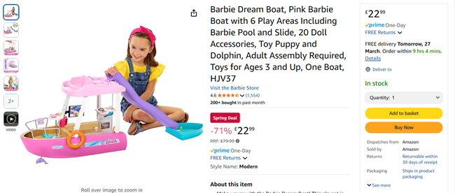 Screenshot showing Barbie Dream Boat for £22.99 at Amazon