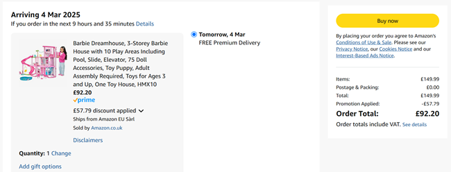 Screenshot showing Barbie Dreamhouse for £92.20 with voucher at Amazon