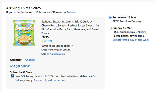 Screenshot showing Swizzels Squashies Drumchick 120g for 95p at Amazon