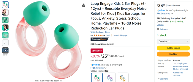 Screenshot showing Loop Engage Kids 2 Ear Plugs for £23.95 at Amazon / Loop Earplugs UK