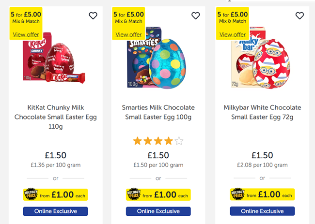 Screenshot showing 5 for £5 Easter Eggs at Iceland