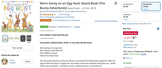 Screenshot showing We're Going on an Egg Hunt Board Book for £4.50 at Amazon