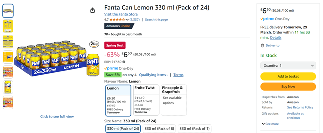 Screenshot showing Fanta Lemon 24 x 330 ml for £6.50 at Amazon