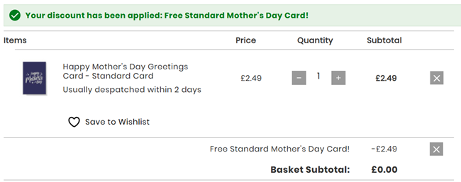 Screenshot showing Free Mother's Day Card with code at IWOOT