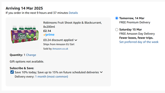 Screenshot showing Robinsons Fruit Shoot 8 x 200ml Apple & Blackcurrant for £2.14 at Amazon