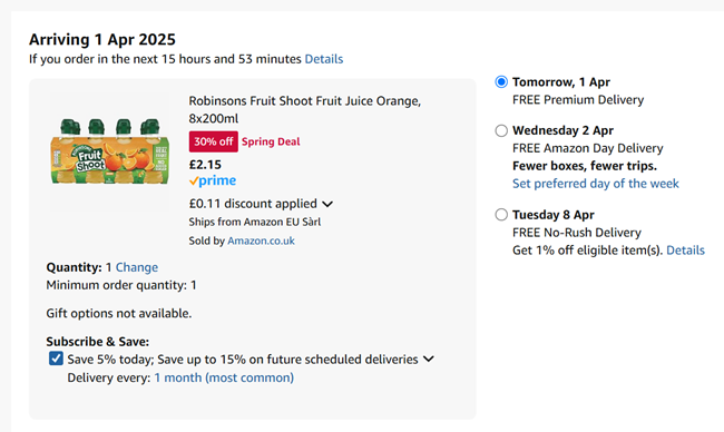 Screenshot showing Robinsons Fruit Shoot Fruit Juice Orange, 8x200ml for £2.15 at Amazon