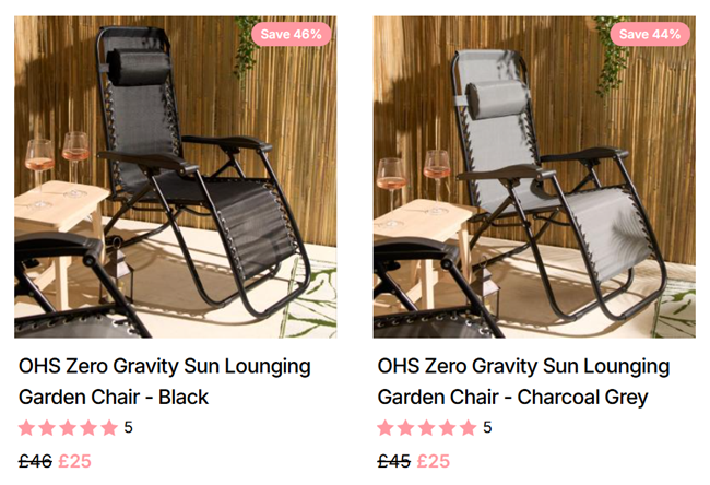 Screenshot showing Zero Gravity Sun Lounging Garden Chairs for £25 each at Online Home Shop
