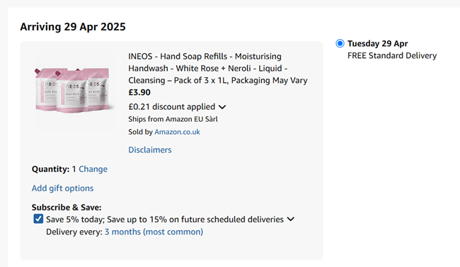 Screenshot showing INEOS Hand Soap Refills White Rose & Neroli 3 x 1L for £3.90 at Amazon