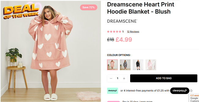 Screenshot showing Deal Of The Week: Dreamscene Heart Print Hoodie Blanket Blush for £4.99 at Online Home Shop