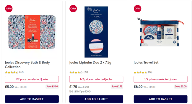 Screenshot showing half price Joules Gift Sets at Boots