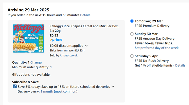 Screenshot showing Kellogg's Cereal and Milk Bars 6 x 20g for 93p at Amazon