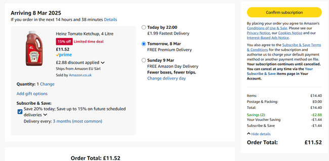 Screenshot showing Heinz Tomato Ketchup 4 Litre for £11.52 at Amazon