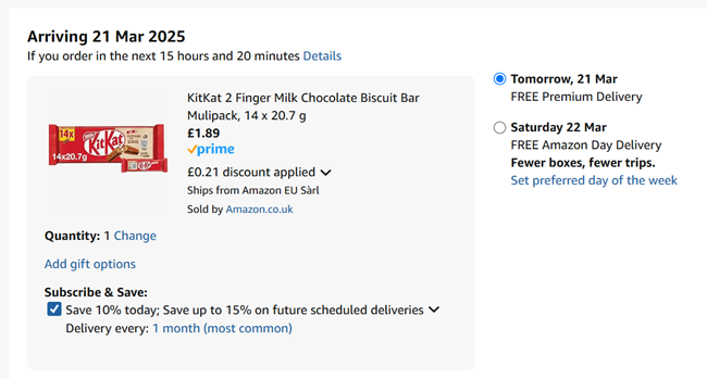 Screenshot showing KitKat 2 Finger Milk Chocolate Biscuit Bar Multipack 14 x 20.7g for £1.89 at Amazon