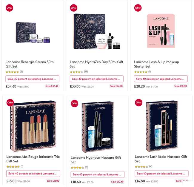 Screenshot showing Save 40% On Selected Lancôme Gift Sets offer at Boots