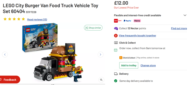 Screenshot showing LEGO City Burger Van Food Truck Vehicle Toy Set 60404 for £12 at Argos