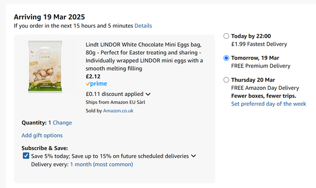 Screenshot showing Lindt Lindor White Chocolate Mini Eggs Bag 80g for £2.12 at Amazon