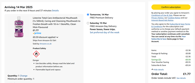 Screenshot showing Listerine Total Care Antibacterial Mouthwash 500ml for £1.77 at Amazon