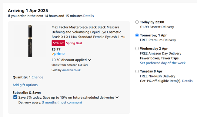 Screenshot showing Max Factor Masterpiece Black Mascara for £5.77 at Amazon