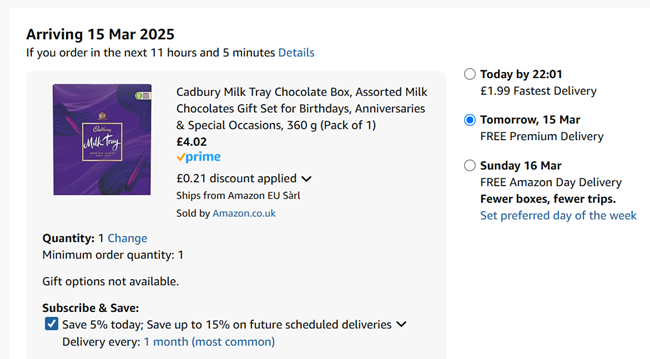 Screenshot showing Cadbury Milk Tray Chocolate Box 360g for £4.02 at Amazon