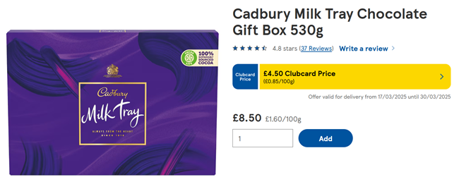 Screenshot showing Cadbury Milk Tray Chocolate Gift Box 530g for £4.50 Clubcard Price at Tesco