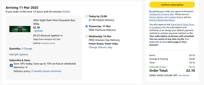 Screenshot showing After Eight Dark Mint Chocolate Box 300g for £2.10 at Amazon