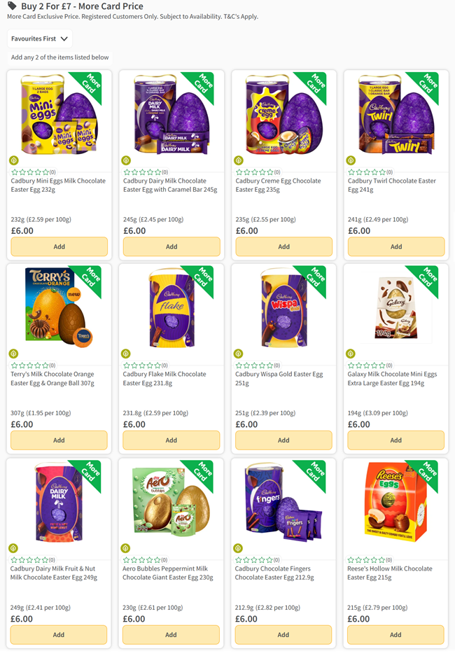 Screenshot showing 2 for £7 on selected XL Easter Eggs with More Card offer at Morrisons