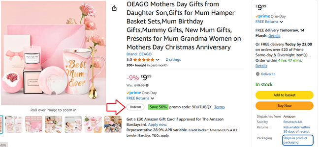 Screenshot showing Mother's Day Hamper Basket Gift Set £4.99 with code at Amazon / Resotech-UK