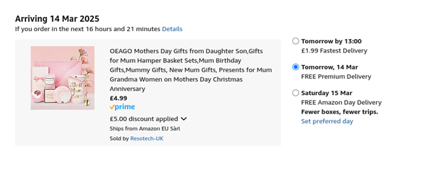 Screenshot showing Mother's Day Hamper Basket Gift Set for £4.99 with code at Amazon / Resotech-UK
