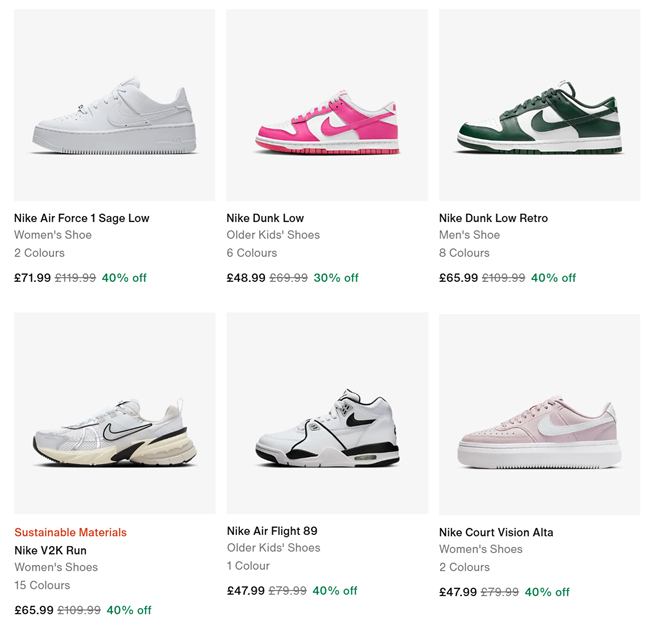 Screenshot showing Nike sale items