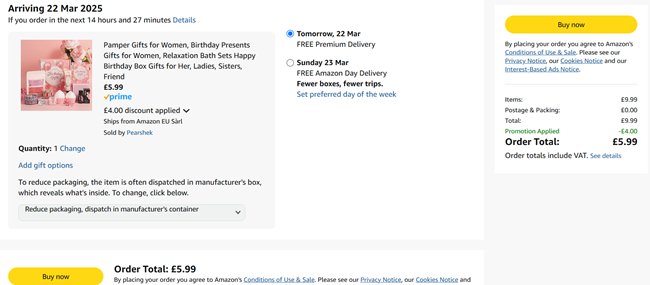 Screenshot showing Birthday Pamper Gift Set for £5.99 at Amazon