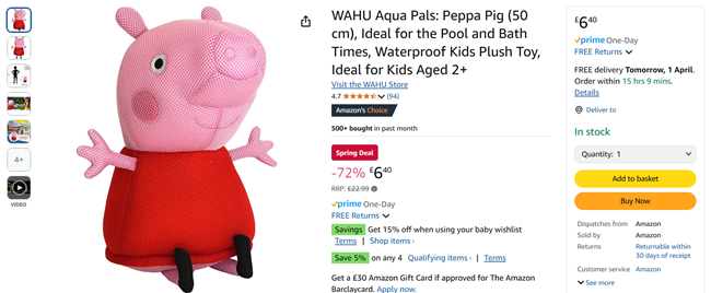 Screenshot showing Wahu Aqua Pals Peppa Pig 50cm for £6.40 at Amazon