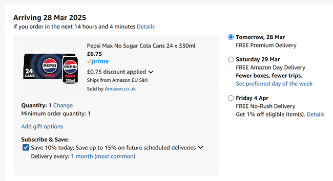Screenshot showing Pepsi 24 x 330ml Cans for £6.75 at Amazon