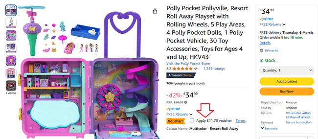 Screenshot showing Polly Pocket Pollyville Resort Roll Away Playset at Amazon